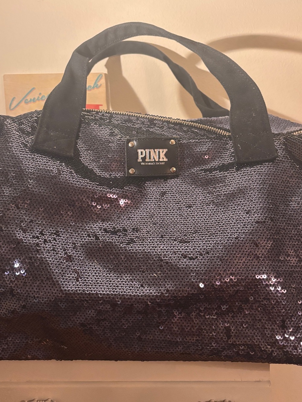 PINK Victoria's Secret Navy Sequin Weekend Duffel w/ Black Accents